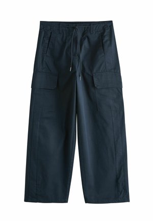 Dark navy wide-leg cargo pants with drawstring waist and large flap pockets on each thigh, flat front, and side seam pockets.