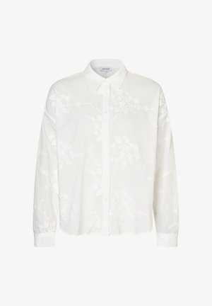 White long-sleeve shirt with a floral embroidered pattern, collared, button-up front, made from lightweight fabric. Casual fit with cuffed sleeves.