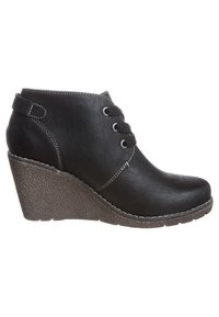 Bottines à talon compensé noires en cuir synthétique lisse, avec une semelle texturée, un système de laçage à l'avant et des détails de couture contrastés.