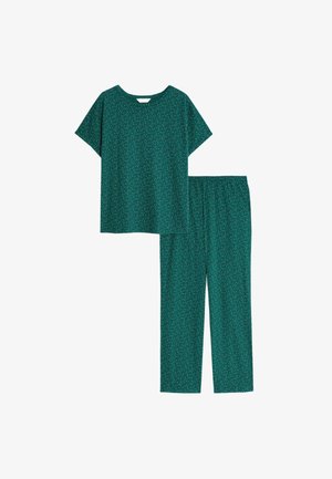 Grünes Schlafanzugset aus weichem Stoff, bestehend aus einem kurzärmeligen Oberteil mit Rundhalsausschnitt und passender Hose mit elastischem Bund und weißen Punkten.