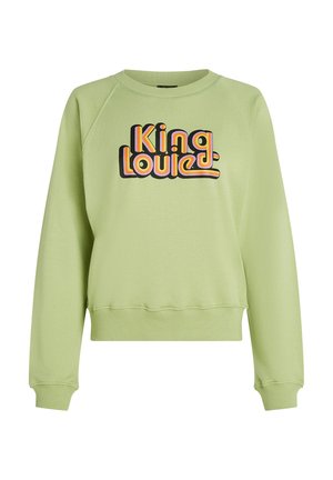 Green cotton sweatshirt with ribbed cuffs and hem. Features a colorful "King Louie" graphic in retro font on the front.