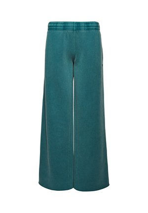 Weite, tealfarbene Hosen aus weichem Stoff mit elastischem Bund und minimalen Nahtdetails für Komfort und Tragekomfort.