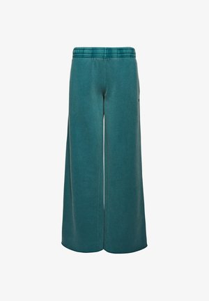 Teal wijde broekspijpen gemaakt van zachte stof, met een elastische tailleband en minimale stikdetails voor comfort en draaggemak.
