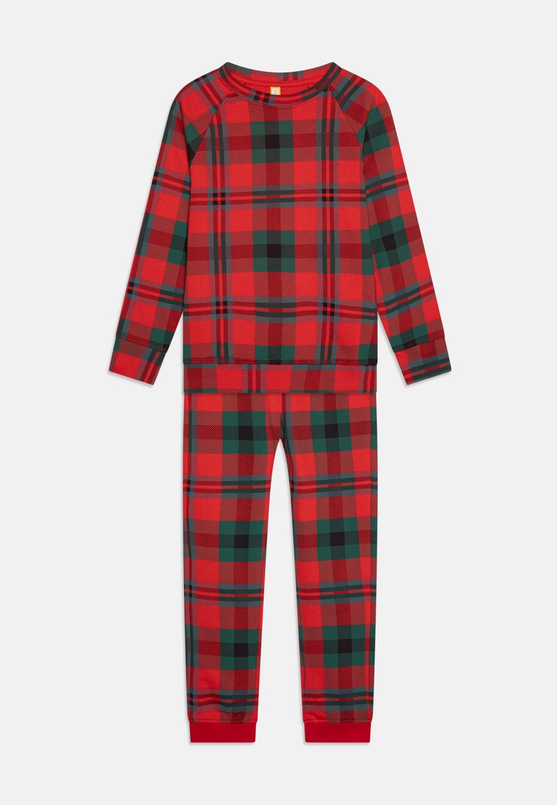 Rood en groen geruiten pyjama-set. Langdurige top met ribgebreide manchetten en broek met een elastische tailleband. Zacht, katoenmix materiaal.