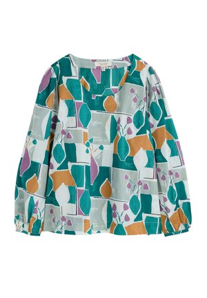 Langarmblouse met een kleurrijk geometrisch patroon in teal, oranje en paars. Zachte stof met een ontspannen pasvorm en ronde halslijn.