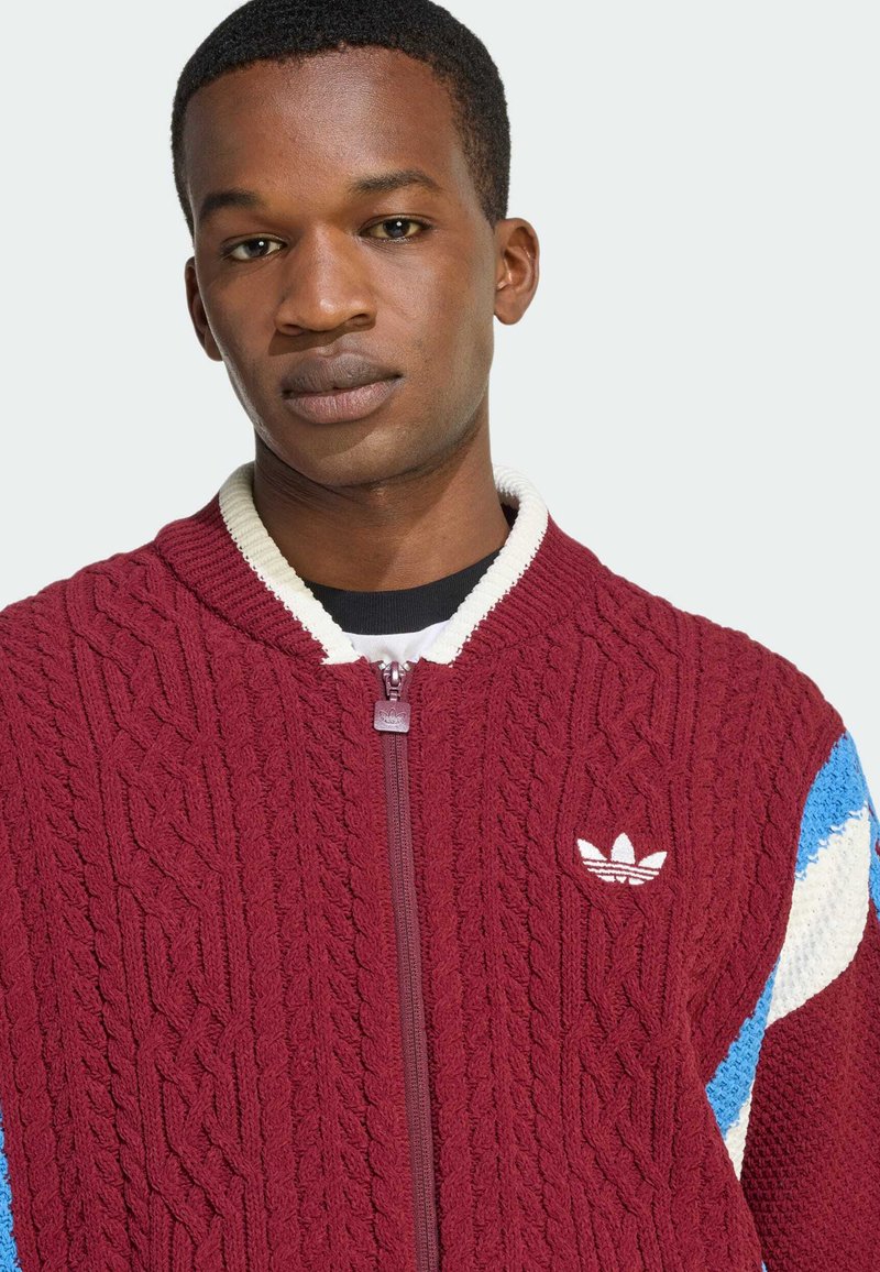 Jonge man in een bordeauxrode kabelgebreide zip-up trui met witte en blauwe accenten en een wit logo op de borst tegen een effen achtergrond.