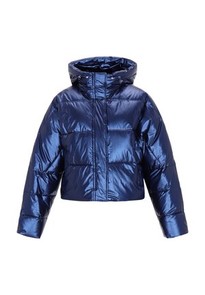 Navy blue puffer jacket with a shiny finish, cropped design, high collar, and padded sections. Features a zip closure and wide sleeves.