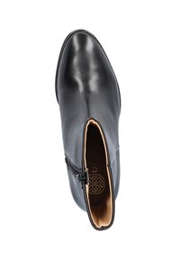 Black leather ankle boot with a side zipper and beige interior lining, viewed from above on a white background.