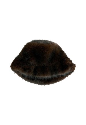 Brown fur hat with a rounded shape, soft texture, and a slightly turned-up brim. Features a smooth inner lining.