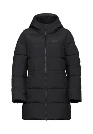 Cappotto invernale nero gonfio con cappuccio, dotato di una zip frontale e polsini elasticizzati. Realizzato in materiale sintetico, con una texture liscia.