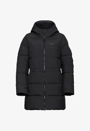 Manteau d'hiver noir en duvet avec capuche, doté d'une fermeture éclair à l'avant et de poignets élastiques. Fabriqué en matériau synthétique, avec une texture lisse.