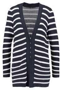 Granatowo-biały kardigan w paski z długimi rękawami, otwarty z przodu, z dwiema przednimi kieszeniami. Dzianina o fakturze, o luźnym kroju.