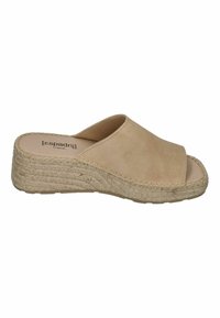 Beige open-toe wedge sandal with a suede upper, featuring a textured braided jute platform and a flat rubber sole for stability.