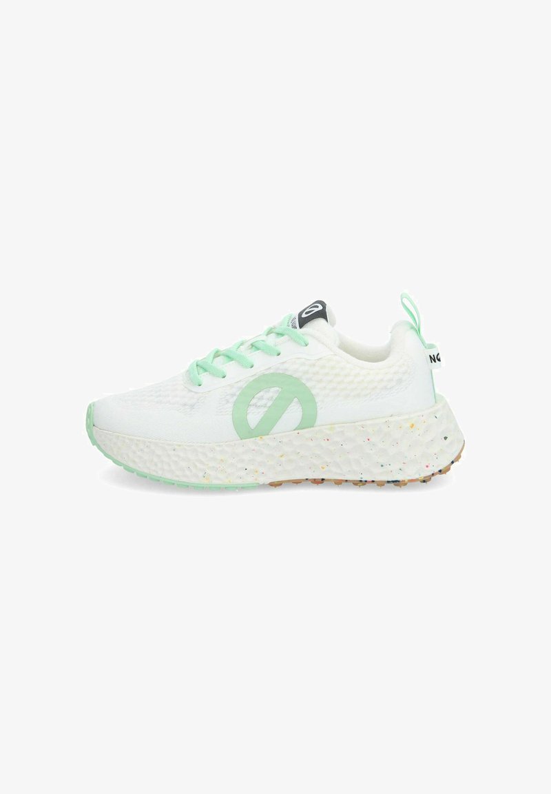 White athletic shoe with a textured knit upper, mint green accents, a circular logo, and a speckled foam midsole. Features looped heel tab.