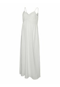 Robe de maternité maxi blanche avec des fines bretelles, un corsage ajusté et une jupe ample. Présente des détails floraux sur la poitrine et une texture douce.