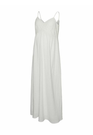 Witte zwangerschapsmaxi-jurk met dunne bandjes, een aansluitend lijfje en een losse rok. Bevat bloemige details op de borst en heeft een zachte textuur.