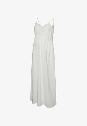 Witte zwangerschapsmaxi-jurk met dunne bandjes, een aansluitend lijfje en een losse rok. Bevat bloemige details op de borst en heeft een zachte textuur.