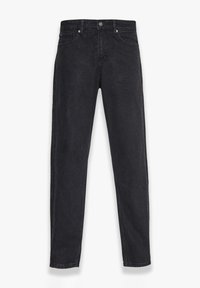 Sorte lige jeans, lavet af denim, med måde til lukning med knap og lynlås, fem-lomme design og subtilt falmet mønster.