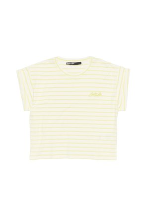Yellow and white striped T-shirt with a round neck, short sleeves, and a logo in green on the left side. Made from a soft cotton material.