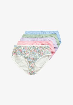 Fem kvinders bomuldstrusser stablet, med blomsterprint, ensfarvet blå, grøn, lavendel og lyserød, alle med små sløjfer på linningen.