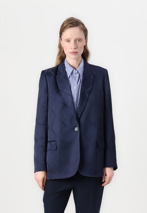 Navy satin blazer with a subtle geometric pattern, single button closure, and notch lapels. Features two front pockets and a tailored fit.