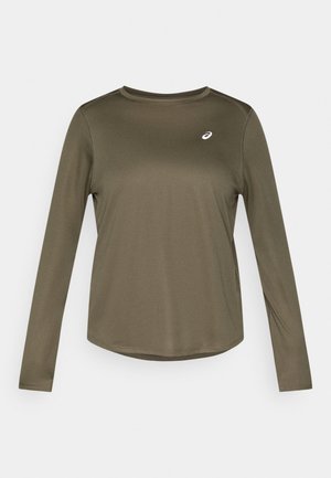 Olivgrünes Langarmshirt mit rundem Ausschnitt, gerippter Textur und kleinem weißen Logo auf der Brust. Gerader Saum und seitliche Schlitze.