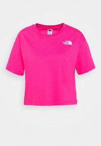 Korte mouwen, cropped t-shirt van felroze katoen. Heeft een wit logo op de linkerborst. Soepele textuur, ronde halslijn en een ontspannen pasvorm.