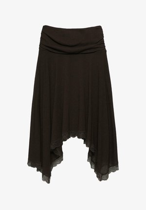 Brauner, leichter Rock mit gerafftem Bund, asymmetrischem Saum und zarter Spitzenverzierung an den Kanten. Weiche Textur.