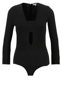 Czarny bodysuit z długim rękawem, z głębokim dekoltem w kształcie litery V i wycięciem. Wykonany z gładkiego, elastycznego materiału. Posiada zamek błyskawiczny z tyłu i dopasowany krój.