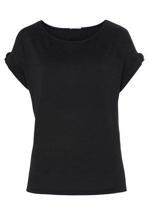 Black short-sleeved top with a round neckline and rolled sleeves. Soft, lightweight fabric with a smooth texture. No visible patterns or accents.