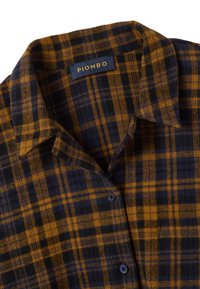 Checked flannel shirt featuring a blue and mustard color scheme, button-front, pointed collar, and Piombo brand tag. Soft texture.