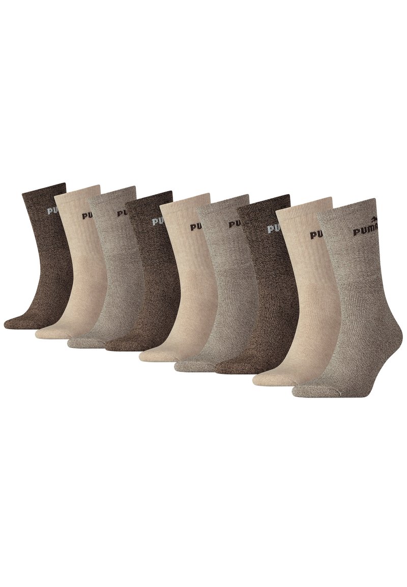 Sockenpackung mit zehn Crew-Socken in Brauntönen und Beige. Stricktextur mit subtilen Mustern, mit dem "PUMA"-Logo nahe dem Bund.