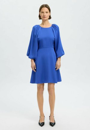 Modrá šaty s přiléhavým živůtkem, krátkou rozšířenou sukní a nařasenými rukávy. Vyrobeny ze hladké látky, mají kulatý výstřih a minimální detaily.