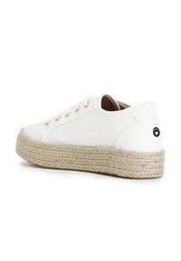 Zapatillas de lona blancas con suela de plataforma de cuerda de yute, con ojales dorados y un acento de logo negro en el talón. Diseño simple y minimalista.