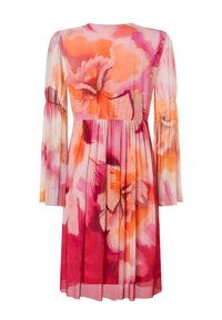 Hübsches Kleid mit einem farbenfrohen Muster in Rosa und Orange, aus transparenter Stoffware, langen Ärmeln mit Rüschendetail und einer gerafften Taille.