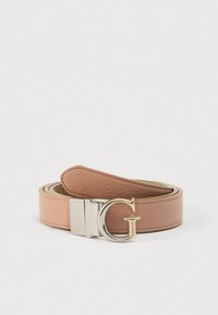 Ροζ δερμάτινη ζώνη με αγκράφα σε ασημένιο και χρυσό τόνο με λογότυπο G. Η ζώνη έχει λεία υφή και κλασικό σχέδιο.