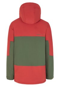 Farbblockierte Jacke mit einem roten Oberteil und grünen unteren Abschnitten, mit einer Kapuze und einer glatten, matten Textur. Einfaches Design, keine sichtbaren Logos.