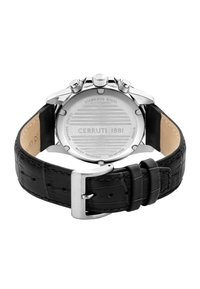 Orologio Cerruti 1881 con cinturino in pelle nera, fondello in acciaio inossidabile, accenti argento e dettagli testurizzati. Resistente all'acqua fino a 100 metri.