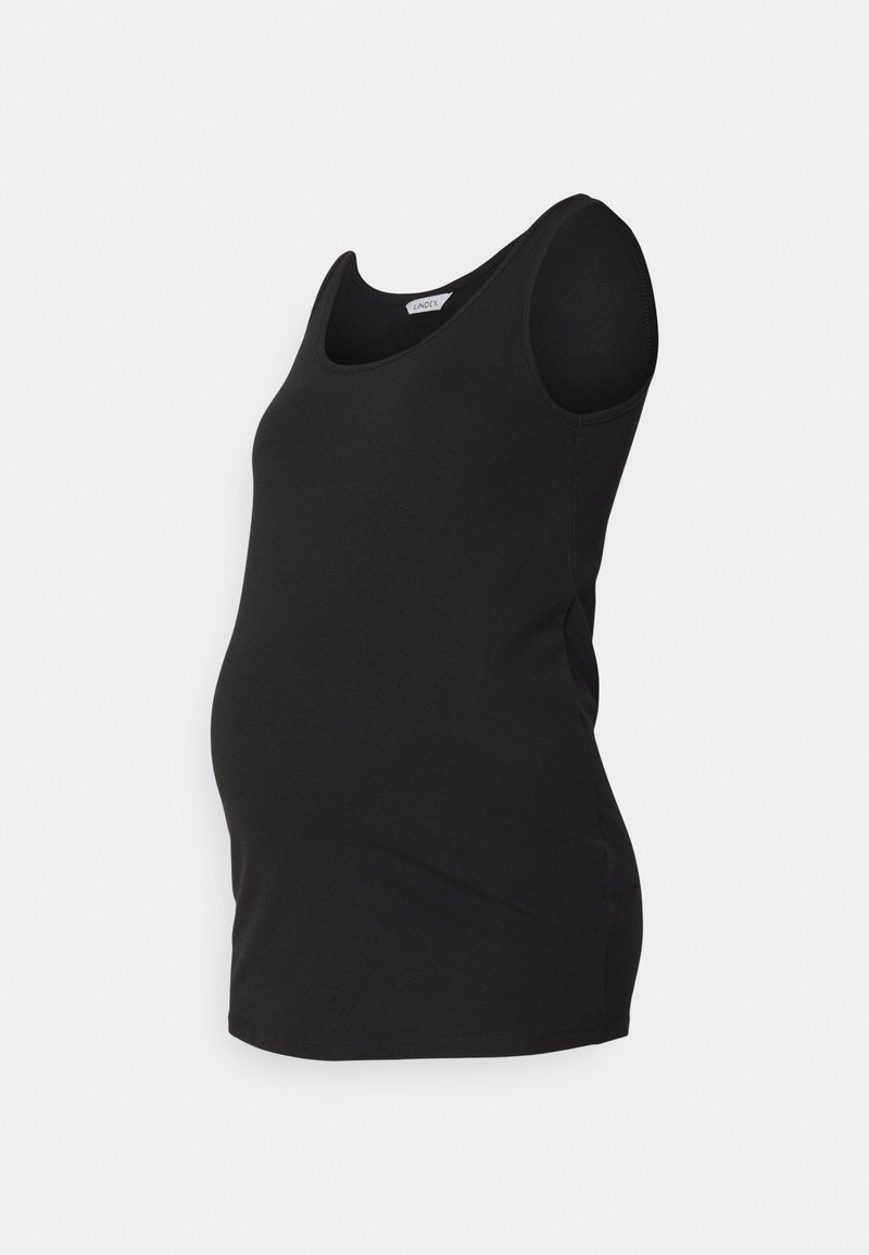 Black maternity tank top with a scoop neckline, sleeveless design, and elastic fabric, fitted at the bust and gently expanding over the belly.
