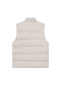 Ανοιχτό μπεζ αμάνικo γιλέκο με καπιτονέ τμήματα και ψηλό γιακά. Κατασκευασμένο από λείο, μαλακό υλικό για ζεστασιά. Χωρίς ορατές κλείσεις.