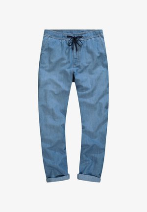 Pantalon décontracté bleu clair avec taille élastique, cordon noir, poches latérales et revers roulés sur fond blanc.