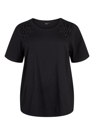 Zwart T-shirt met korte mouwen en een ronde hals, voorzien van zwarte bloemenkant uitsneden op beide schouders.