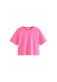 Kortärmad t-shirt med rund hals i ljusrosa bomullstyg med avslappnad passform och inga synliga mönster eller detaljer.