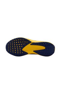 Semelle de chaussure avec un schéma de couleurs bleu et jaune. Présente un motif de traction hexagonal et un détail de logo central. Texture lisse.