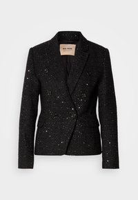 Blazer negro de doble botonadura con tejido texturizado y sutiles lentejuelas. Presenta dos bolsillos frontales y detalles de botones negros. Interior forrado.