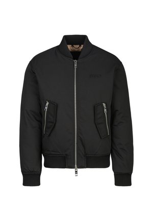 Black bomber jacket with front zipper, ribbed collar and cuffs, two zippered side pockets, and subtle "19769" text on the chest.