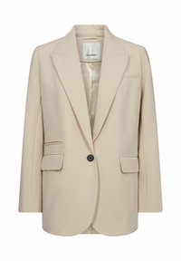 Beige bleiser yang disesuaikan terbuat dari kain halus. Dilengkapi dengan kerah notched, satu kancing hitam, dua saku samping, dan satu saku dada.