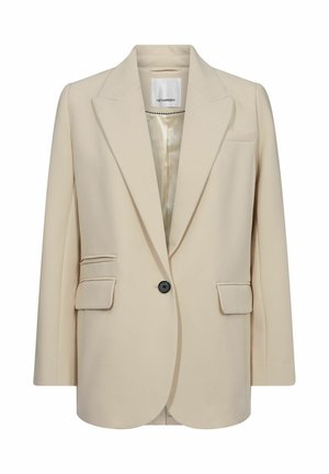 Beige tailored blazer made of smooth fabric. Features notched lapels, single black button, two side pockets, and a chest pocket.