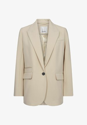 Beige bleiser yang disesuaikan terbuat dari kain halus. Dilengkapi dengan kerah notched, satu kancing hitam, dua saku samping, dan satu saku dada.