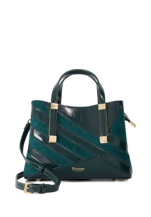 Bolso de mano Dune London en verde oscuro con paneles diagonales de ante y piel patentada, dos asas superiores y una correa de hombro desmontable.